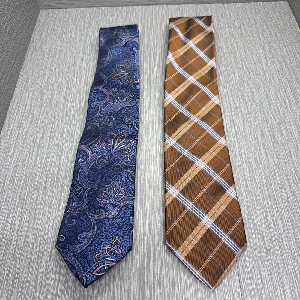 Hart Schaffner Marx Silk Tie‎ Lot Blue Paisley Brown Plaid Classic Business